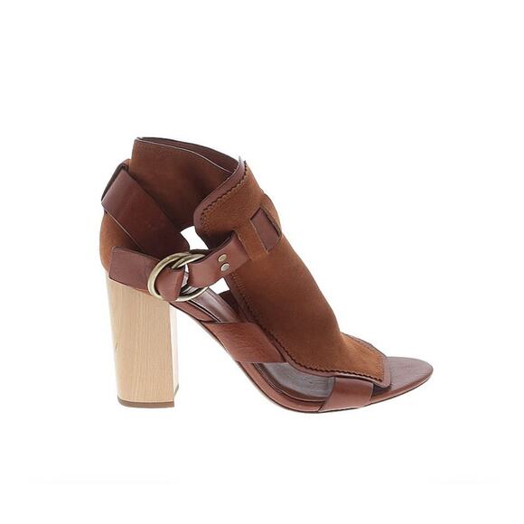 Derek Lam 10 Crosby Open Toe Leather Suede Cognac Brown Chunky Heels Size 10 EUC - Picture 1 of 2